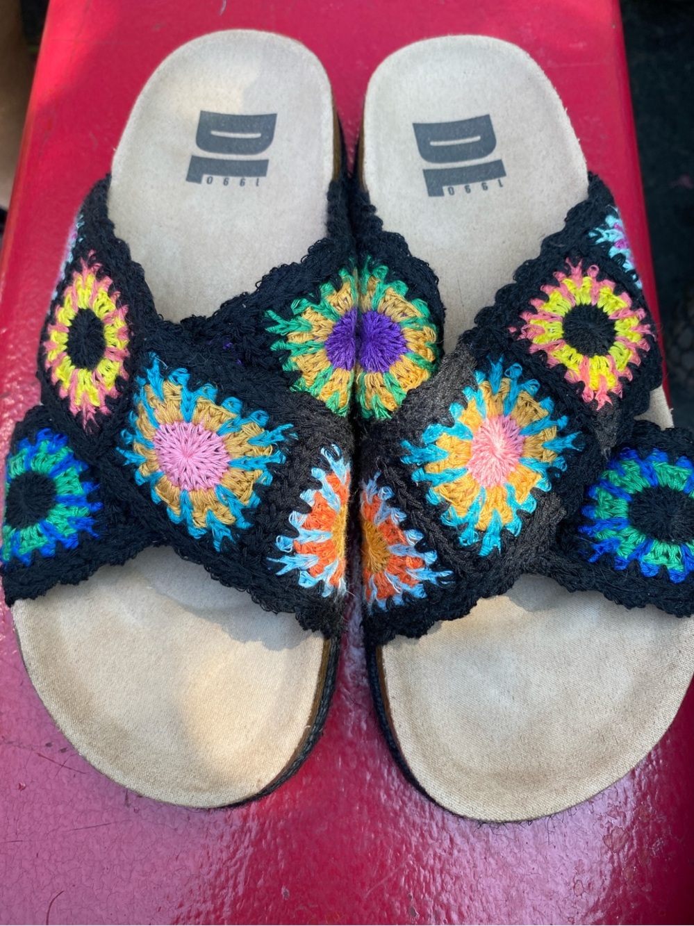 Dirty Laundry Black Crochet Slide Sandals with Multi-Color Accents